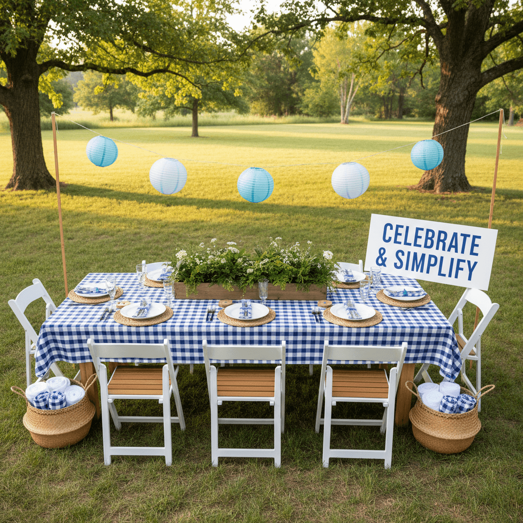 Event rental items organized on outdoor table