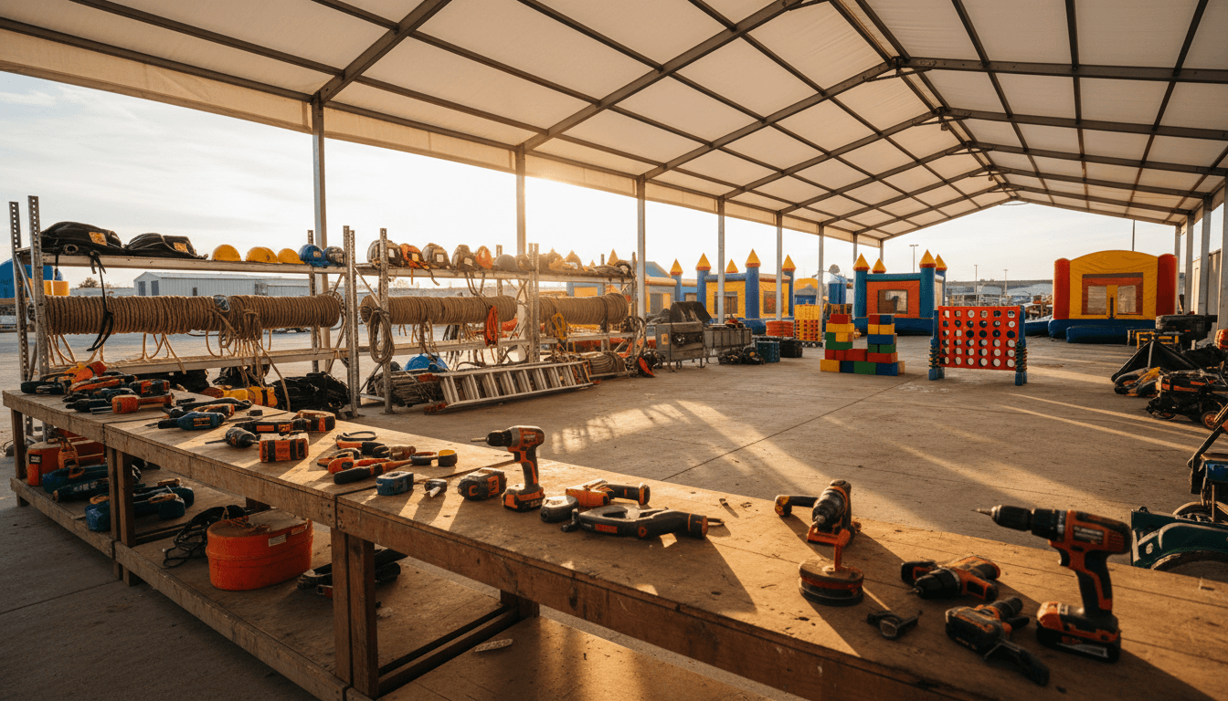 Organized equipment rental yard with construction tools, maintenance equipment, and recreational toys